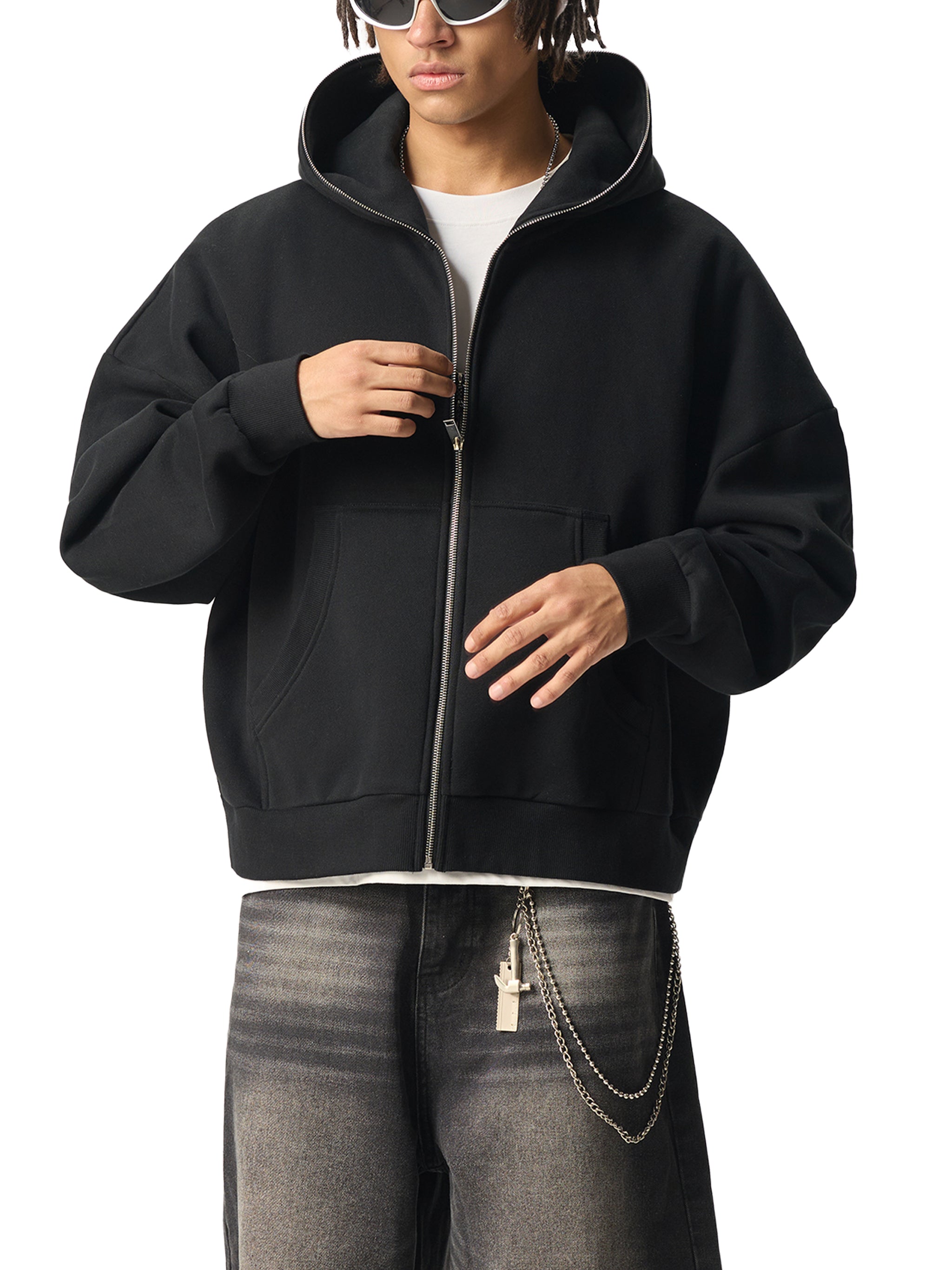 Fleeced Full-Zip Boxy Hoodie black