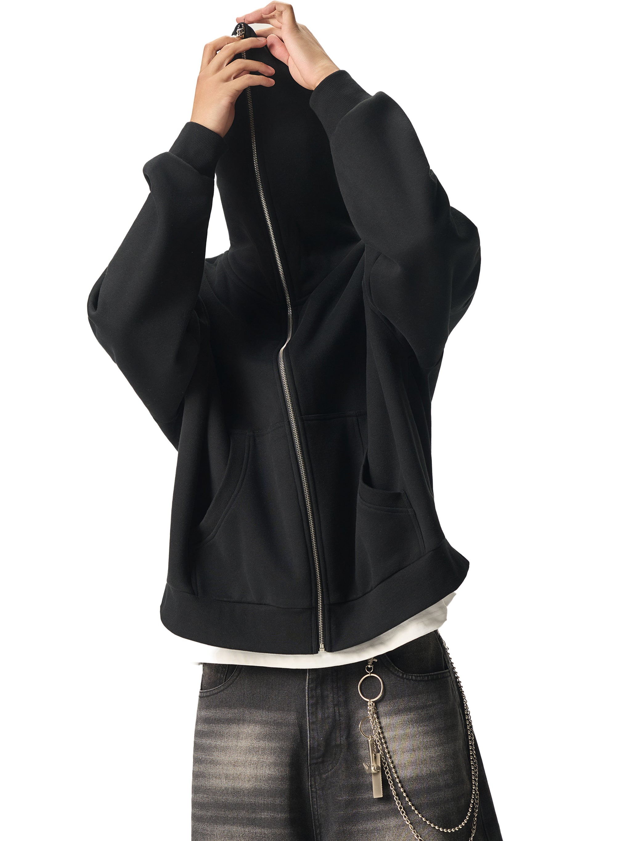 Fleeced Full-Zip Boxy Hoodie black