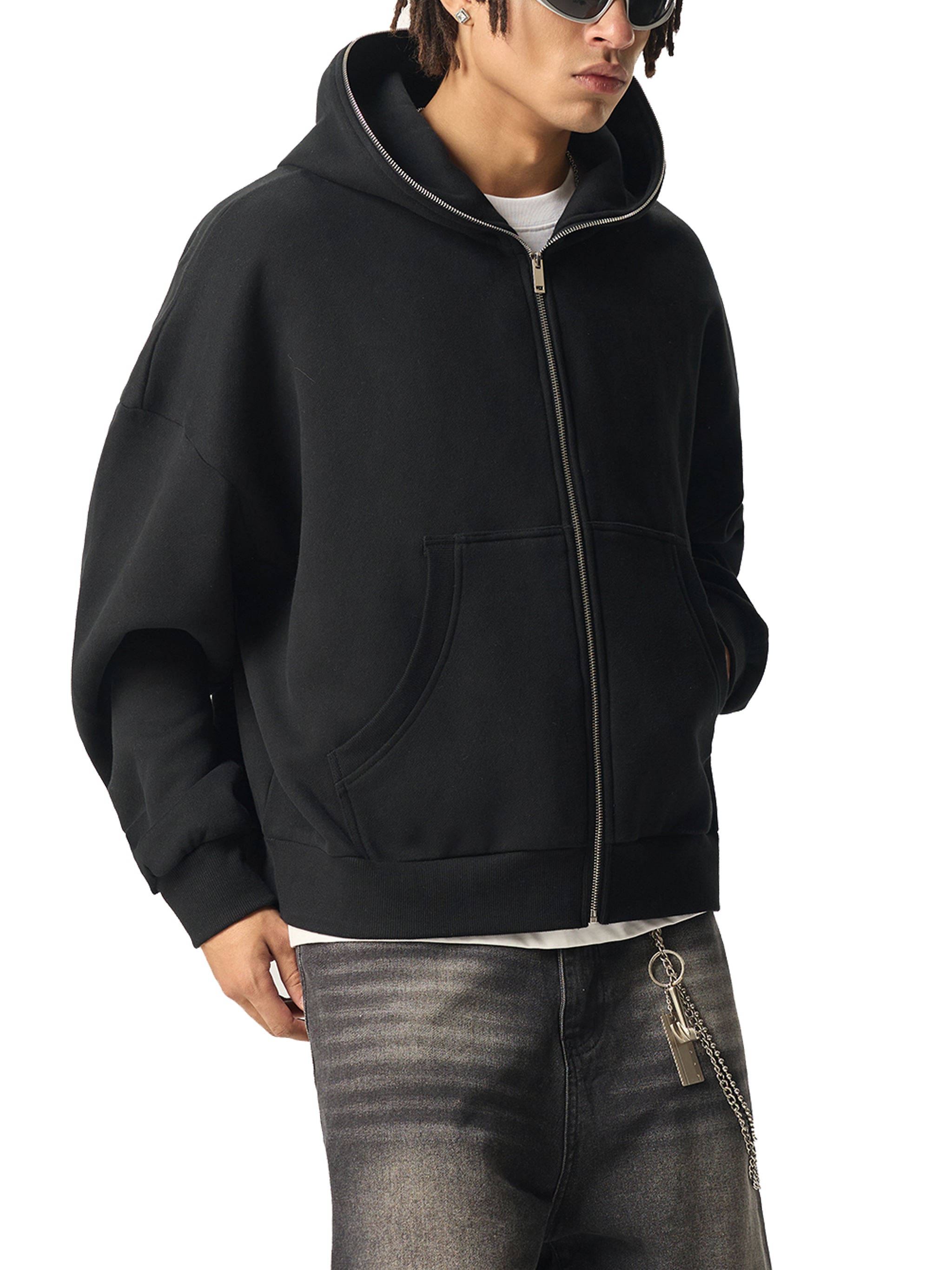 Fleeced Full-Zip Boxy Hoodie black