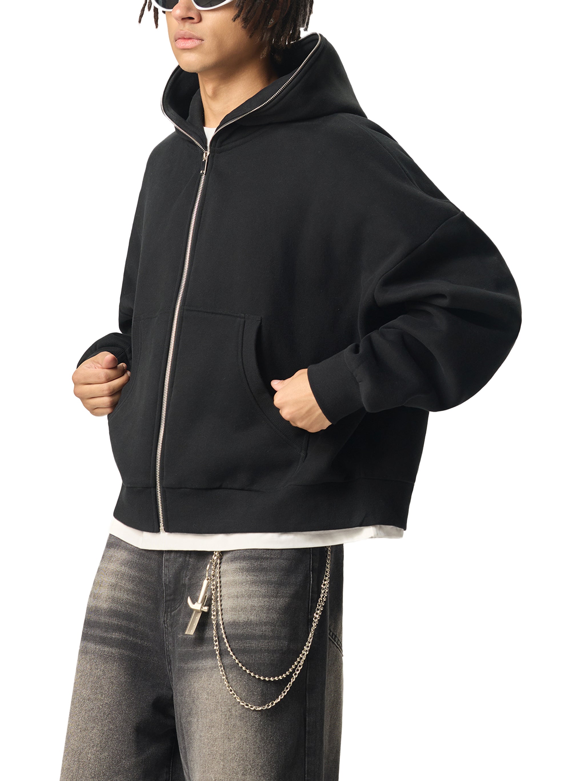 Fleeced Full-Zip Boxy Hoodie black