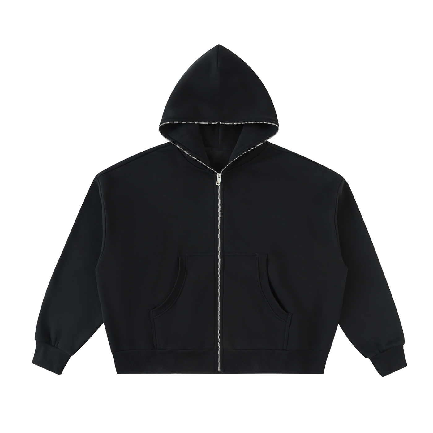 Fleeced Full-Zip Boxy Hoodie black